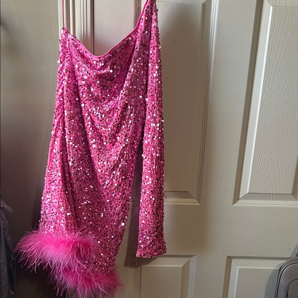 Fashion Nova Hot Pink Sequin Mini Dress with Feather Trim